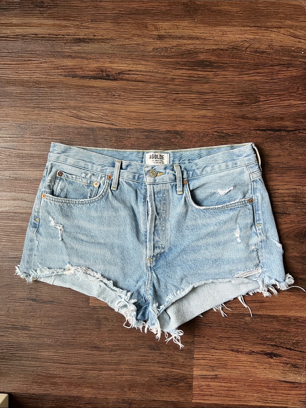 Agolde Light Wash Distressed Denim Cutoff Shorts